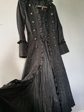 Elegant Black Women's Long Coat with Ruffle Trim and Collar